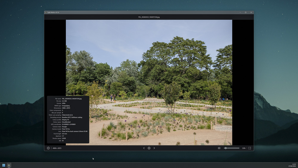 Light Matter HDR image viewer user interface displaying EXIF